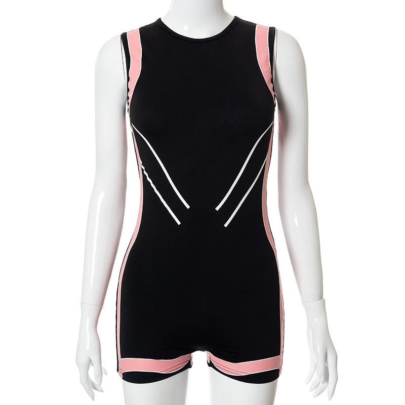 Sleeveless Sexy Stitching Striped Sports Shorts Jumpsuit